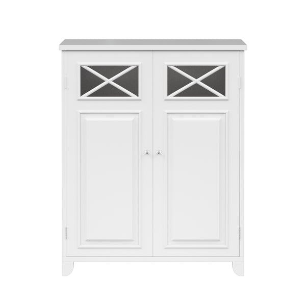White floor cabinet with double doors, decorative X-shaped glass panels at the top, and small knobs.