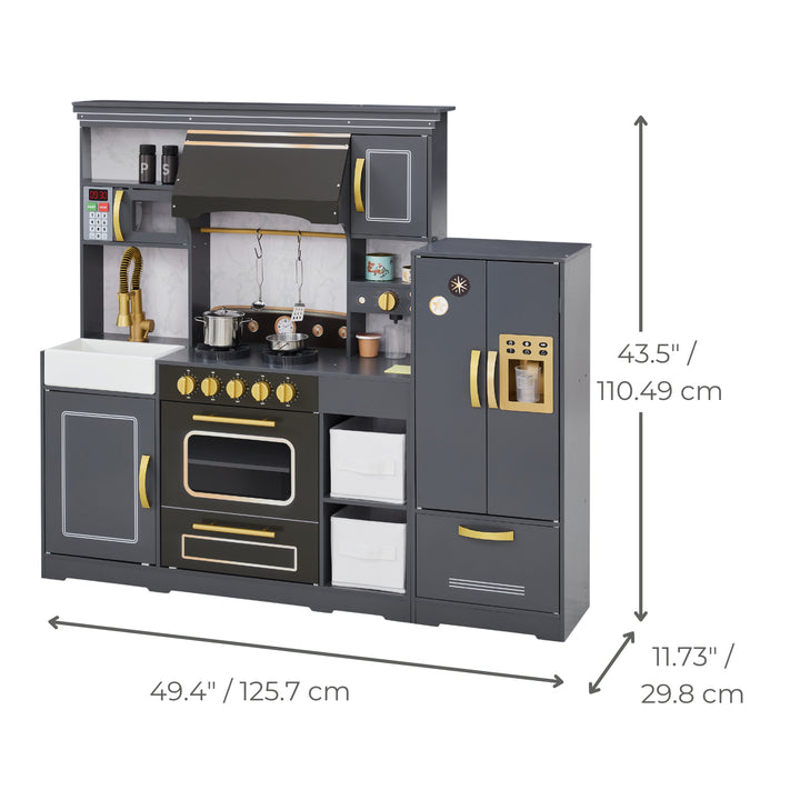 A charcoal gray with gold trim play kitchen 