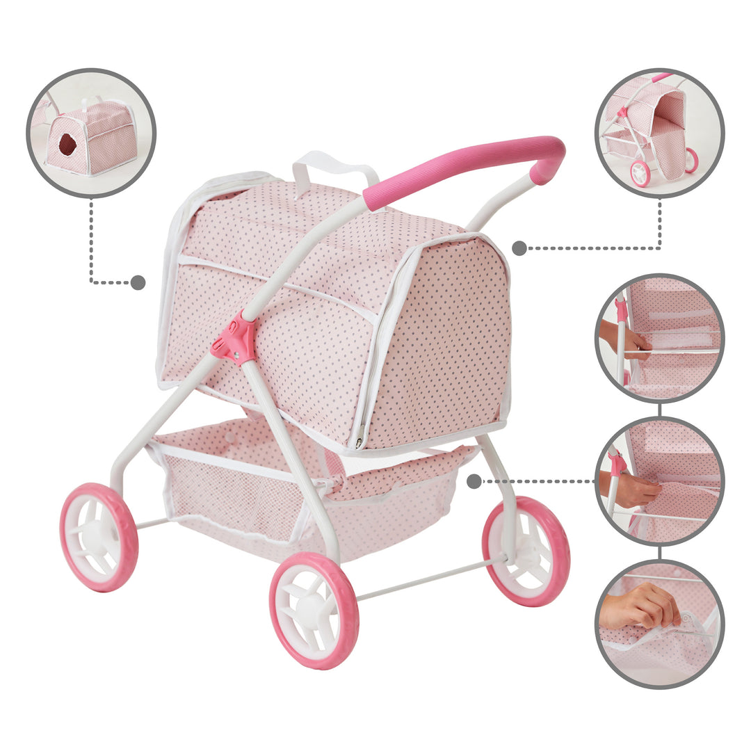 Feature callouts of the 2-in-1 pet stroller with detachable carrier: the carrier comes out of the stroller frame, there is a zippered panel in the back of the carrier for pets to go in and out, the storage basket underneath the carrier that comes on and off by hook and loop fasteners. 