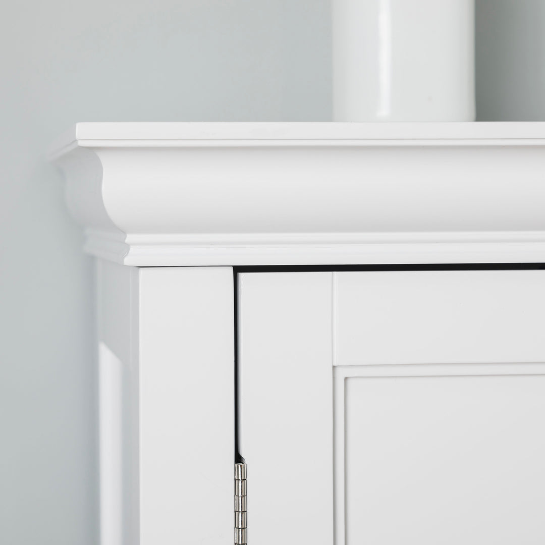 A top of a white floor cabinet with crown molding