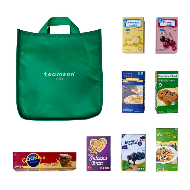 A selection of food items and the TEAMSON KIDS - LITTLE HELPER DALLAS SHOPPING CART WITH PLAY FOOD, CHROME/GREEN tote bag with the text "teamson kids" displayed on a white background.