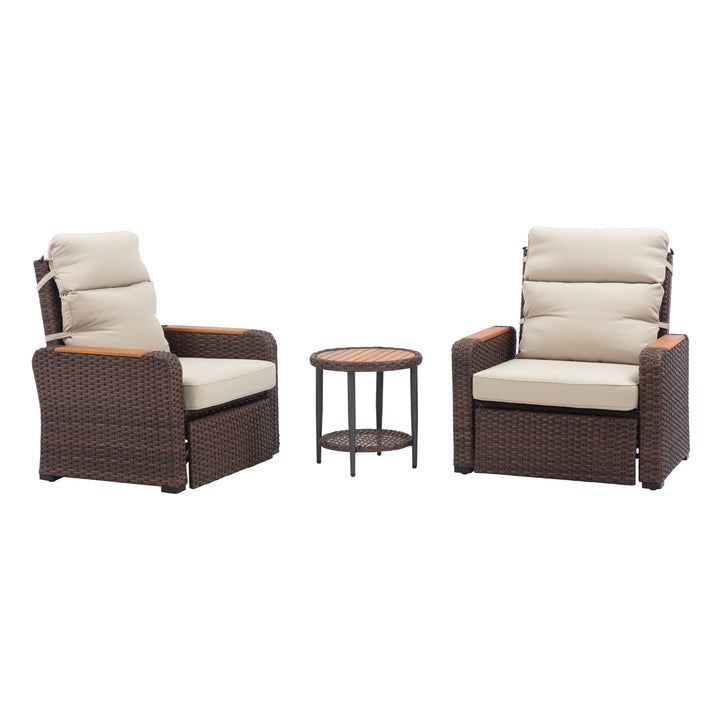 Wicker Frame & Wood Armrests Recliner Set in Warm Brown Outdoor Seating