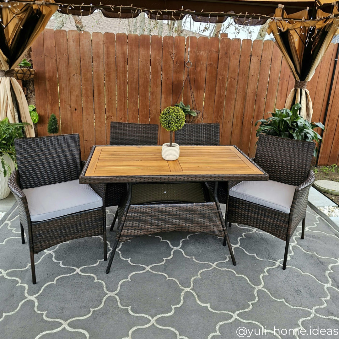 Teamson Home Outdoor 5-Piece PE Rattan and Acacia Wood Patio Dining Set with Four Chairs and Table, Brown