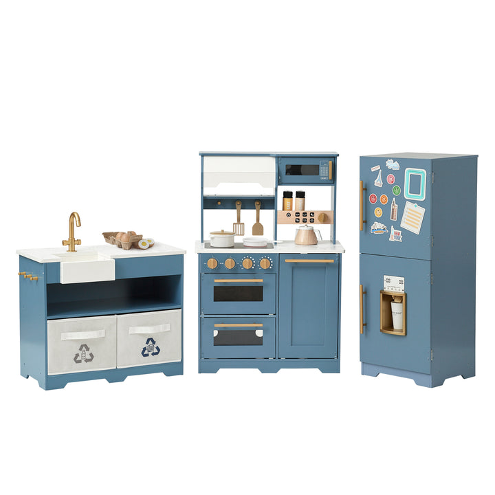 A TEAMSON KIDS - LITTLE CHEF ATLANTA LARGE MODULAR PLAY KITCHEN, STONE BLUE/GOLD with a refrigerator and oven.