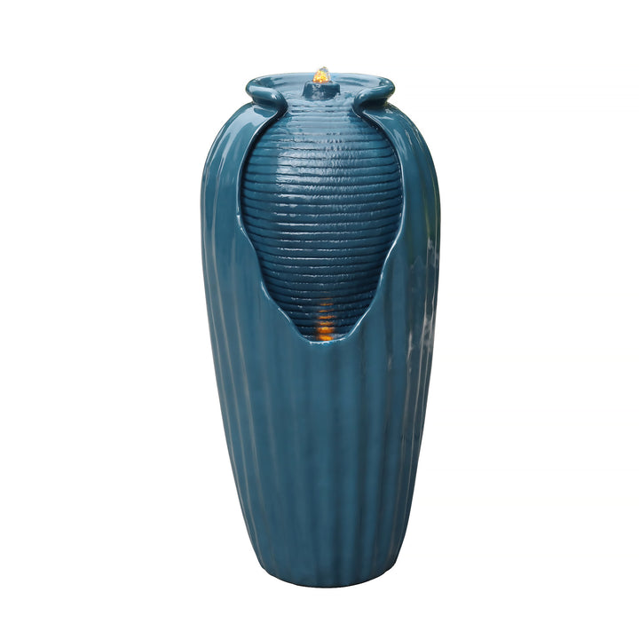 Blue Teamson Home Indoor/Outdoor Contemporary Glazed Contoured Vase Water Fountain with LED Lights, with a ribbed design and durable construction on isolated white background.
