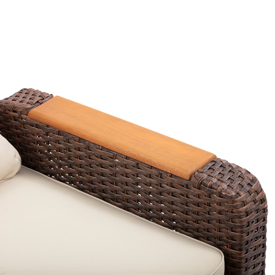 Wicker Frame & Wood Armrests Recliner Set in Warm Brown Outdoor Seating