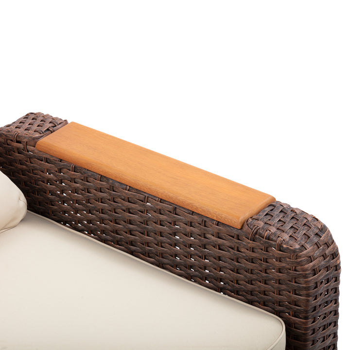 Wicker Frame & Wood Armrests Recliner Set in Warm Brown Outdoor Seating