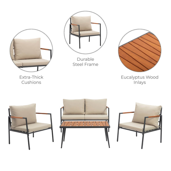 Cushioned Backrest & Wood Armrests Conversation Set Outdoor Patio Furniture