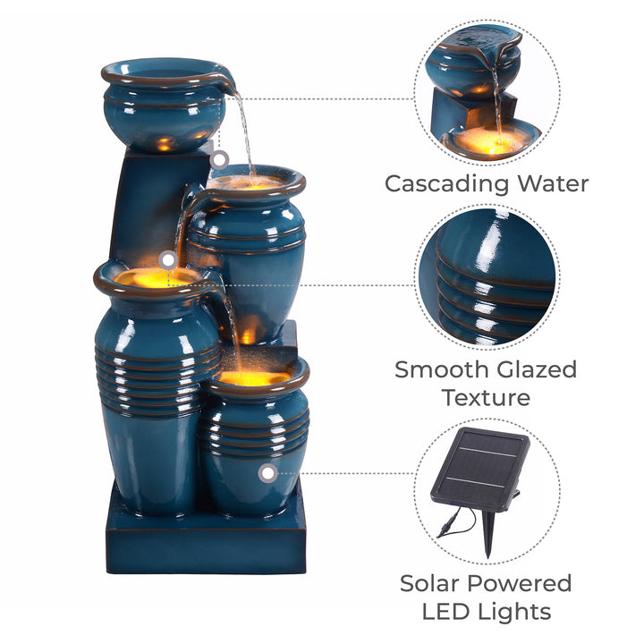 Annotated image of a Teamson Home 28.74" 4-Tier Outdoor Solar Water Fountain with LED Lights, Blue, highlighted features of smooth texture, and led lights.