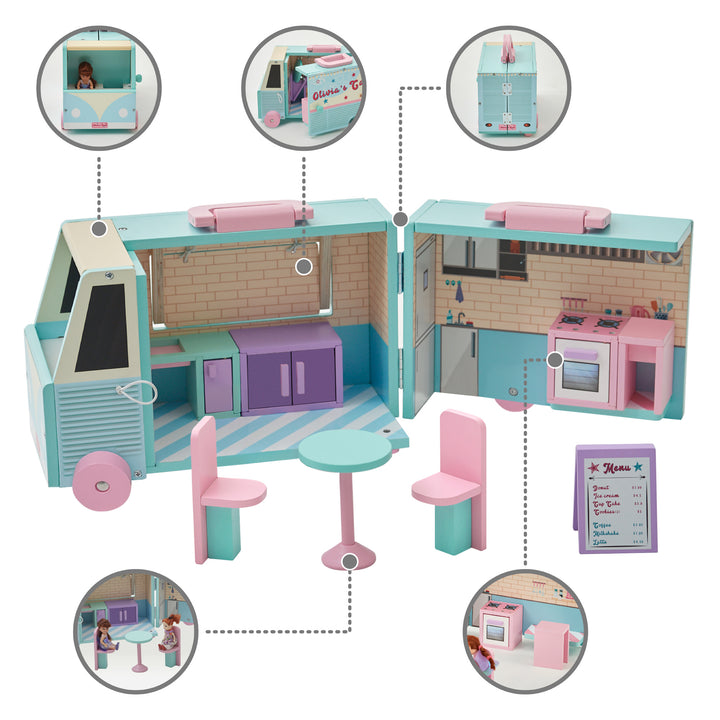 Callouts of the blue and pink food truck, pictured opened: a view of the front of the food truck with a doll in the driver's seat, a picture of the food truck slighty opened, a view from behind the food truck when it is closed, a view of the sink and counter inside the food truck, and a picture of the table and two chairs with a pair of colorful dolls sitting in the chairs.