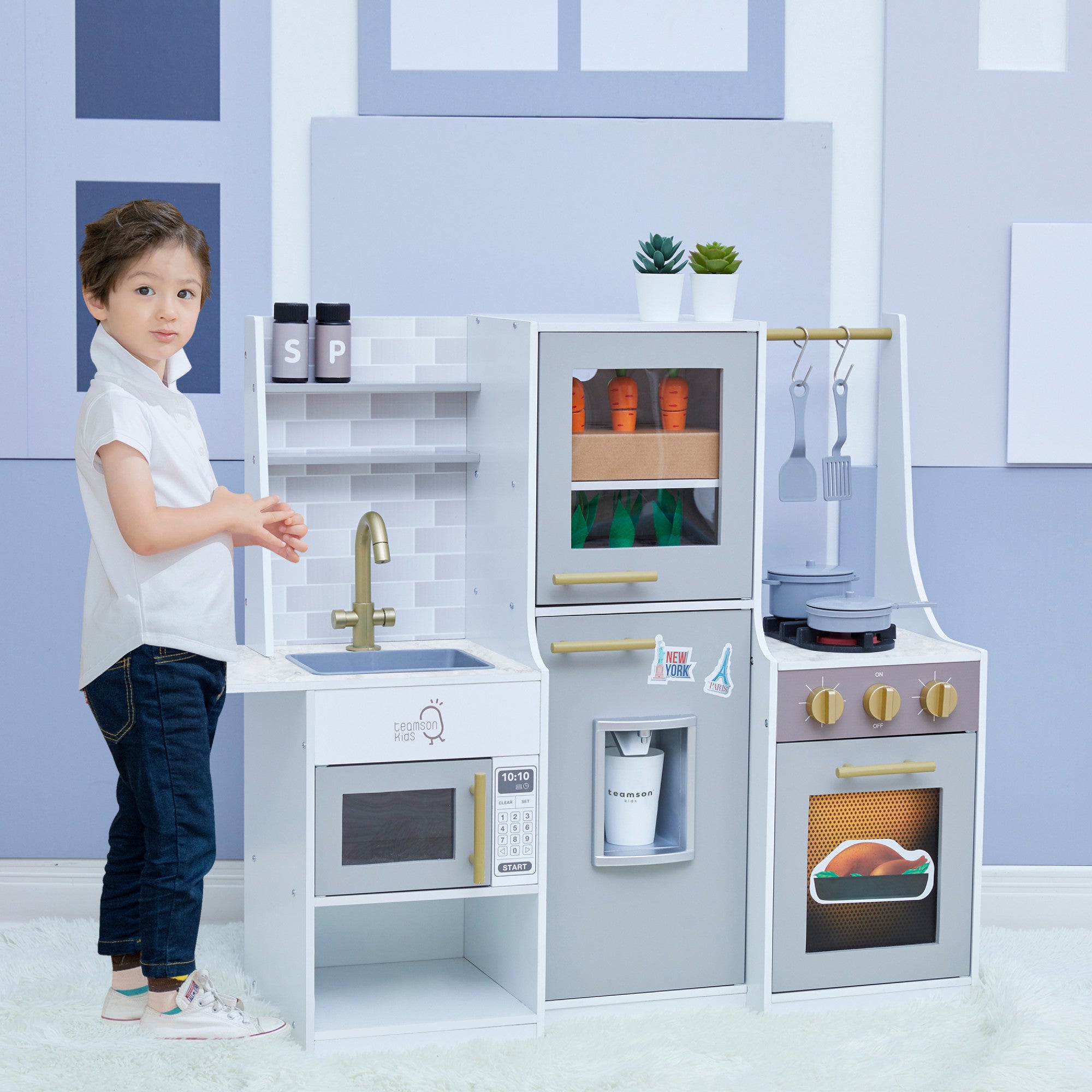 Teamson Kids Little Chef Lyon Complete Wooden Kitchen Set with Hydroponic Garden, Refrigerator and Accessories, Gray