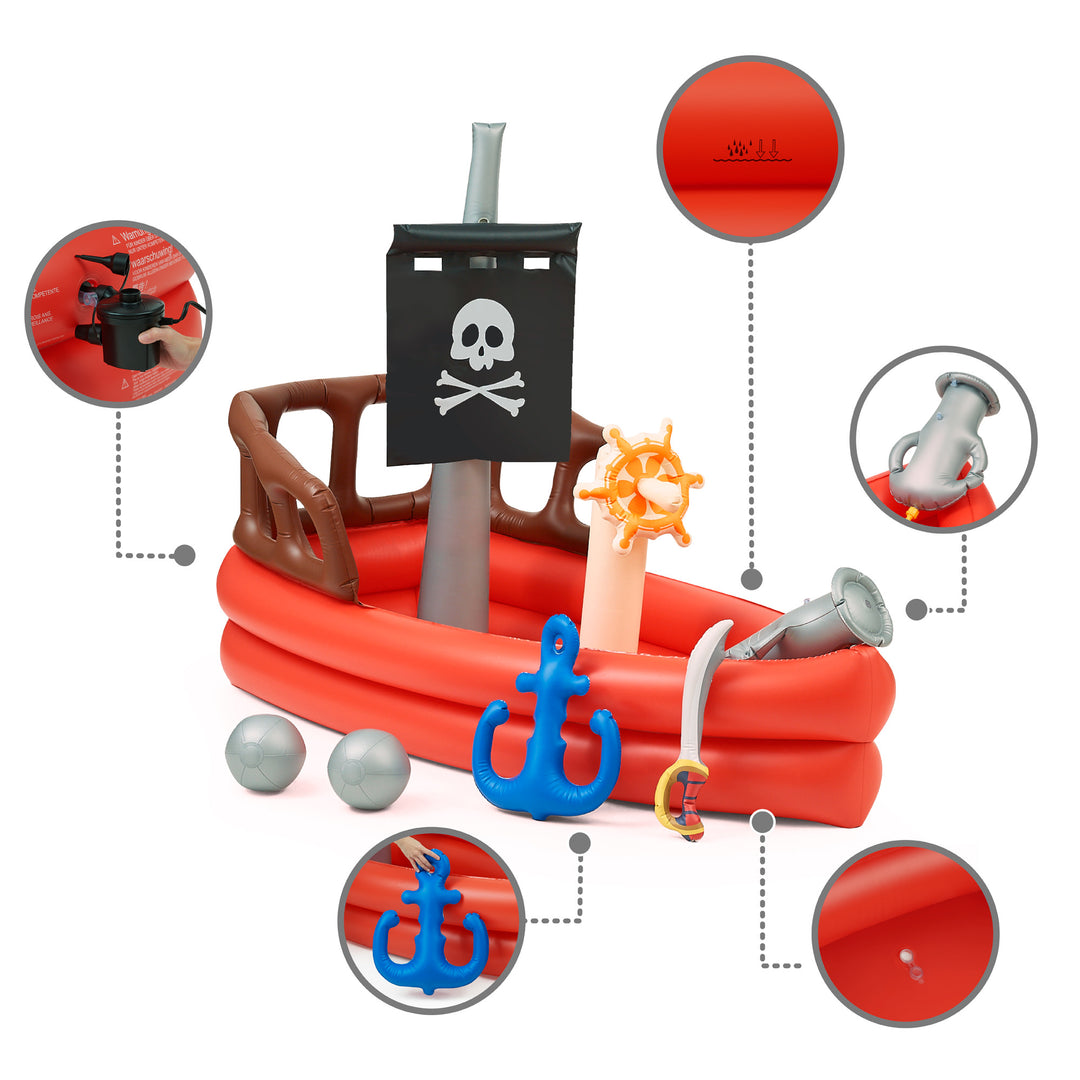 Exploded view of a Teamson Kids - Water Fun Pirate boat Inflatable Sprinkler Play with labeled components.