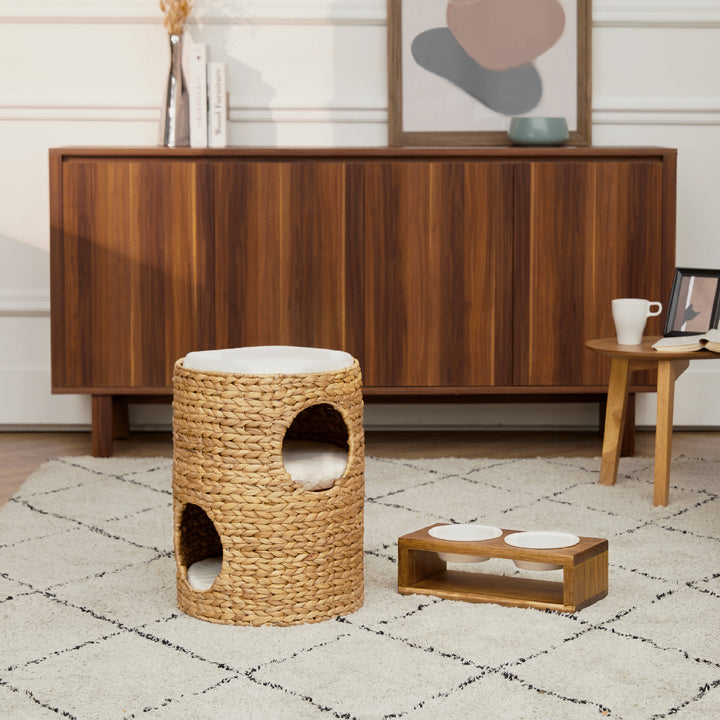 Teamson Pets Neith Wicker Seagrass 3-Tier Cat Bed Condo with Cushions, Tan/Cream- FINAL SALE