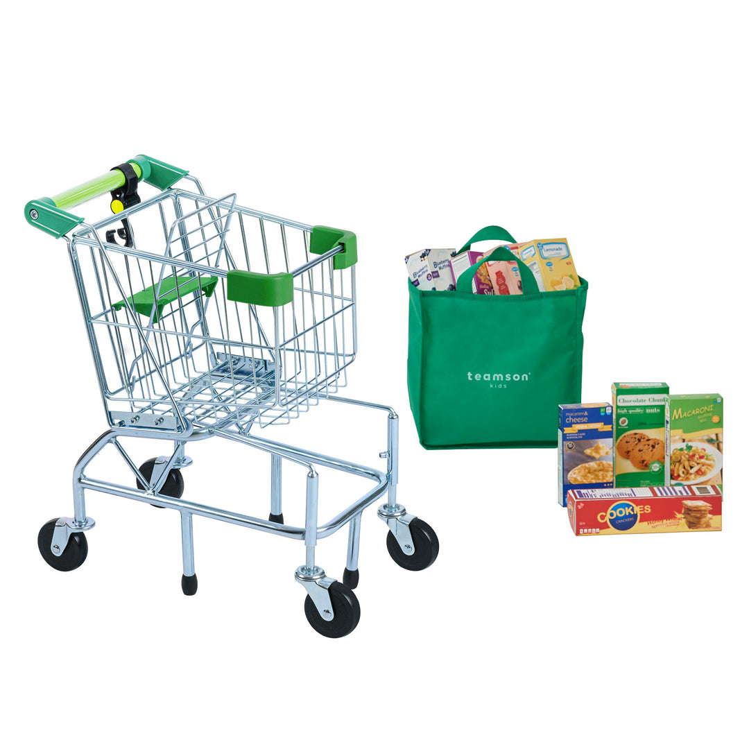 Teamson Kids - Little Helper Dallas Shopping Cart with Play Food, Chrome/Green and groceries with a reusable tote bag.