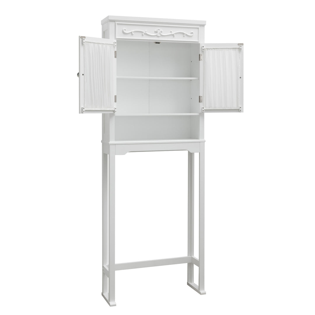 A white over-the-toilet cabinet with the doors open and two internal shelves