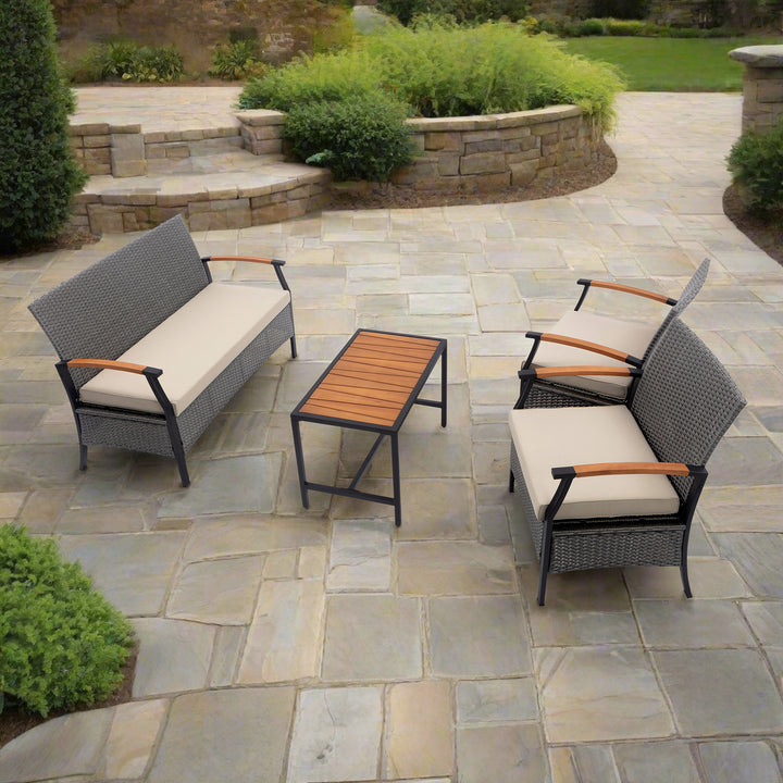 Wooden Armrests Outdoor Patio Furniture Conversation Set with Rattan Wicker Look