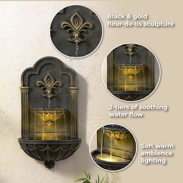 Fleur-de-lis Outdoor Water Fountain with Warm Glow Lighting