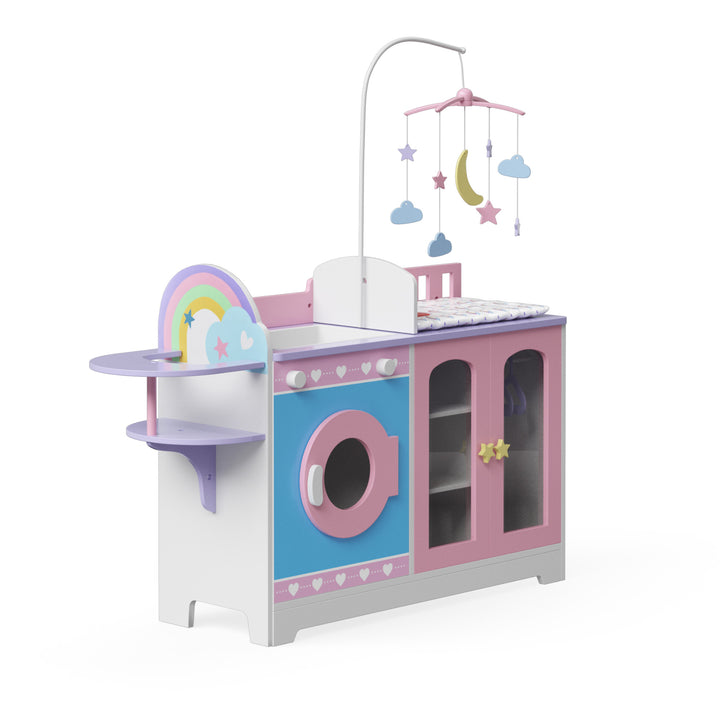 A side view of a baby doll changing station