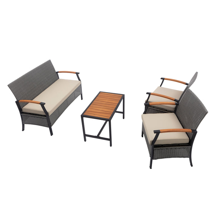 Wooden Armrests Outdoor Patio Furniture Conversation Set with Rattan Wicker Look