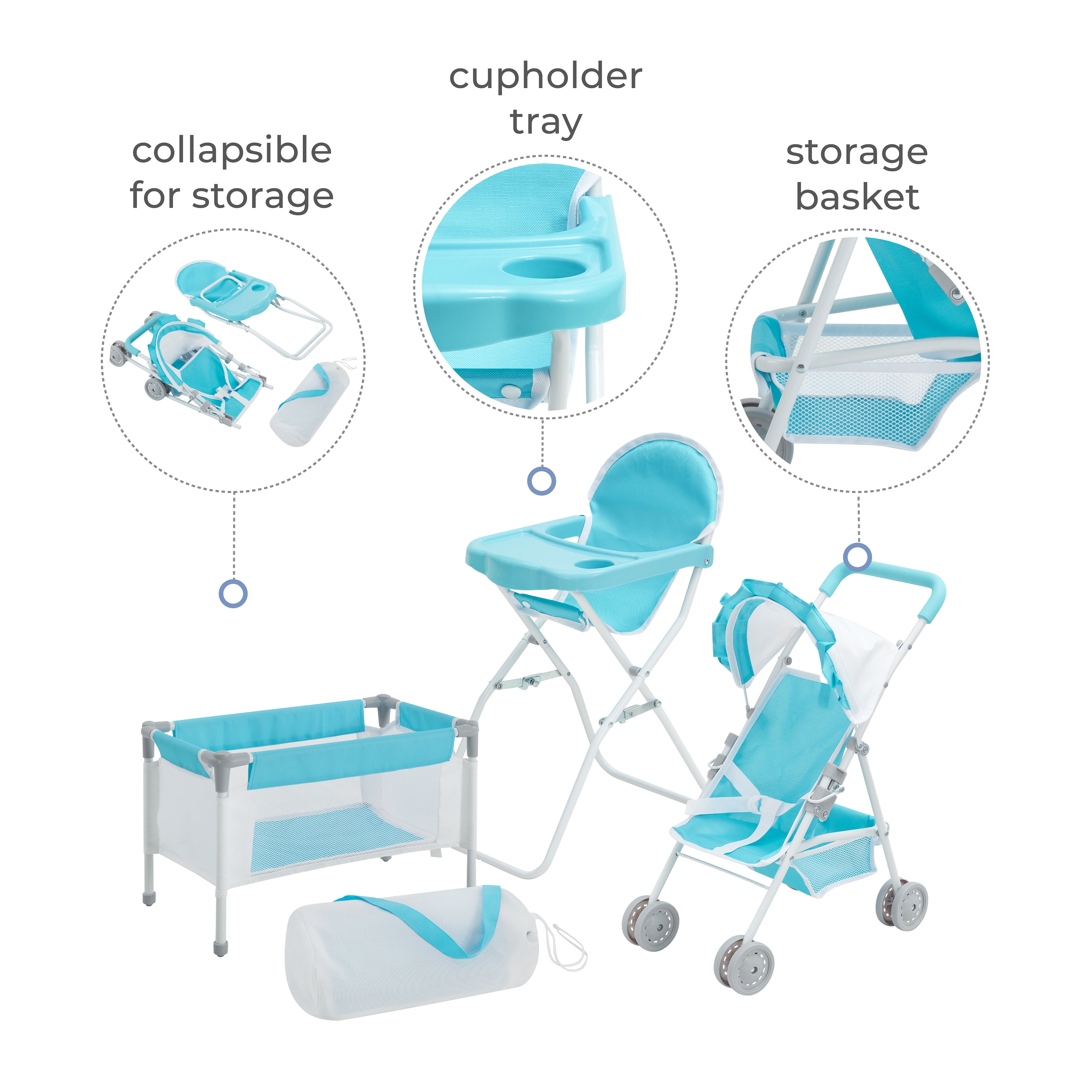 Olivia's Little World Baby Doll 3pc Nursery Set, Blue & White