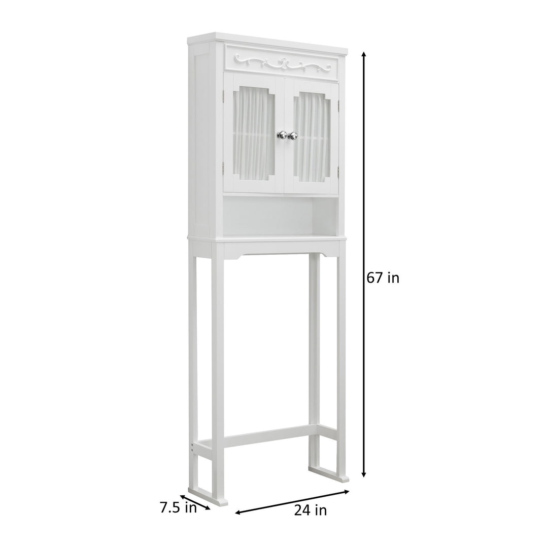 Dimensional graphic of a white over-the-toilet cabinet in inches and centimeters