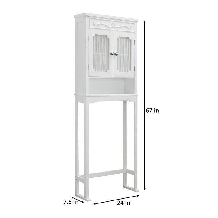 Dimensional graphic of a white over-the-toilet cabinet in inches and centimeters