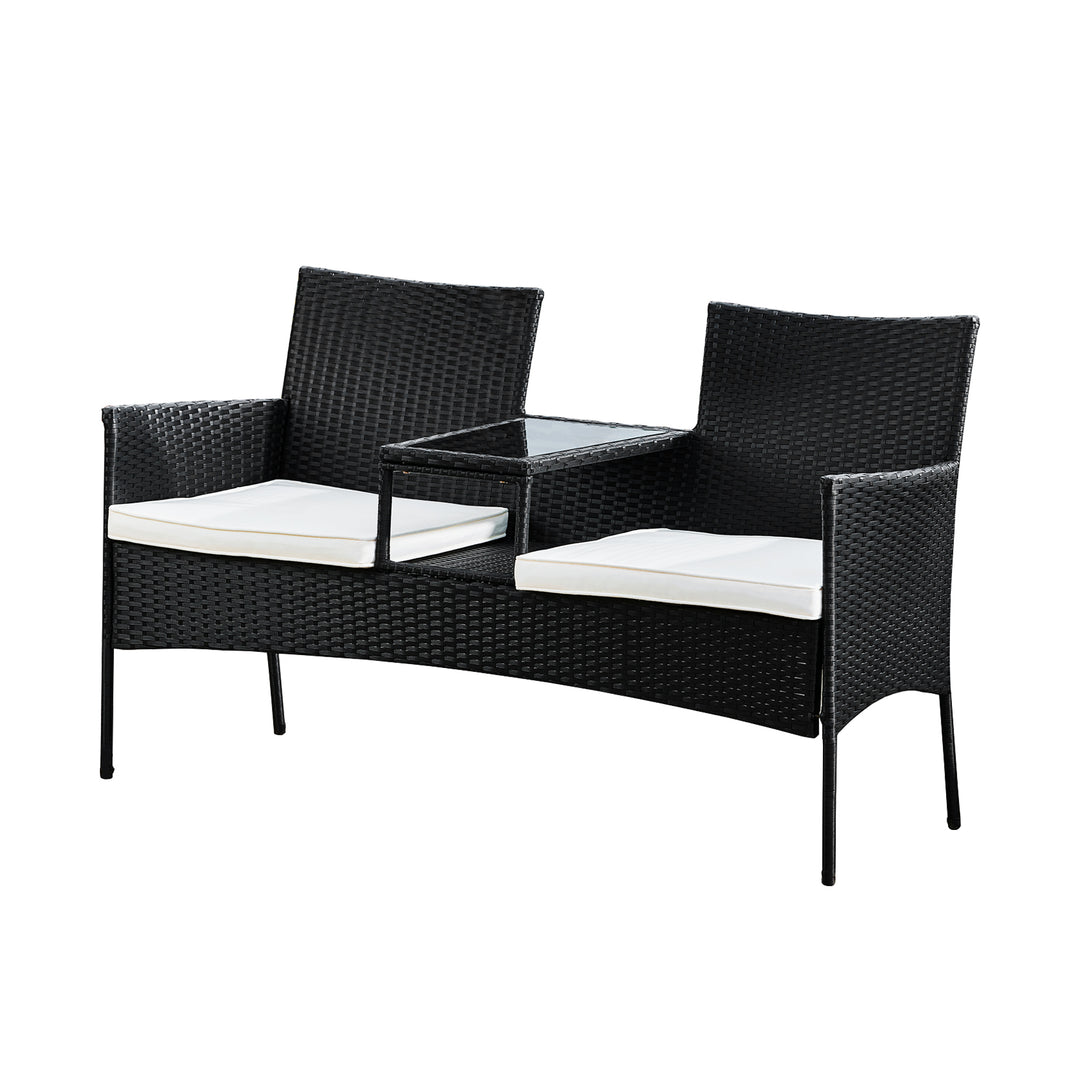 Teamson Home Outdoor Wicker Loveseat Bench with Table and Cushions, Black
