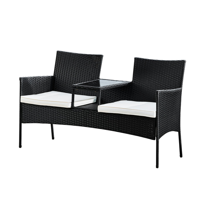 Teamson Home Outdoor Wicker Loveseat Bench with Table and Cushions, Black