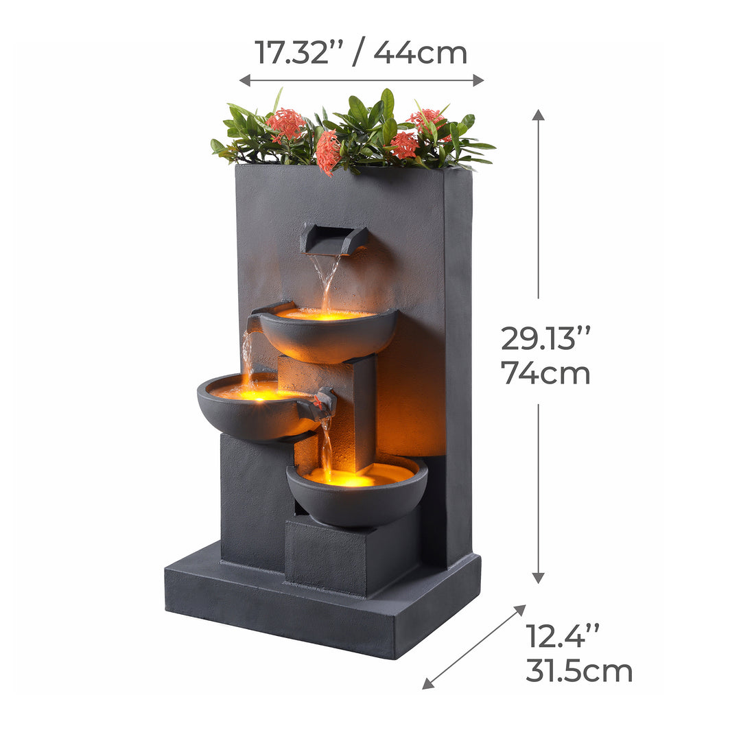 A 29.13" Outdoor Water Fountain with Planter & LED Lights, Matte Gray with measurements in inches and centimeters