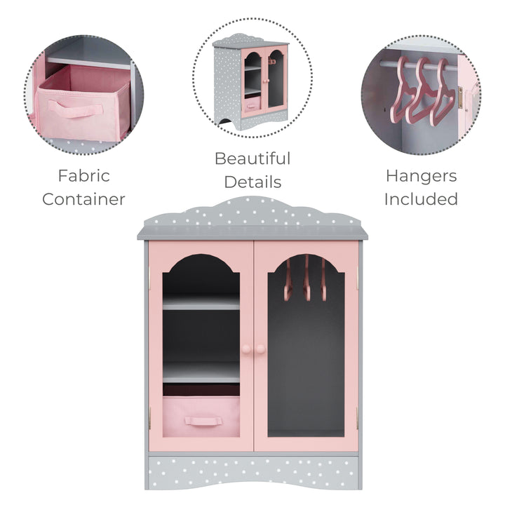 Olivia's Little World Polka Dots Princess Toy Closet with Hangers for 18" Dolls, Gray/Pink