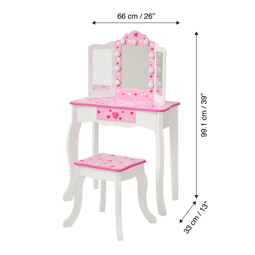A pink and white Fantasy Fields - Gisele Sweethearts Print vanity set with a stool and mirror dimensions in inches and centimeters.