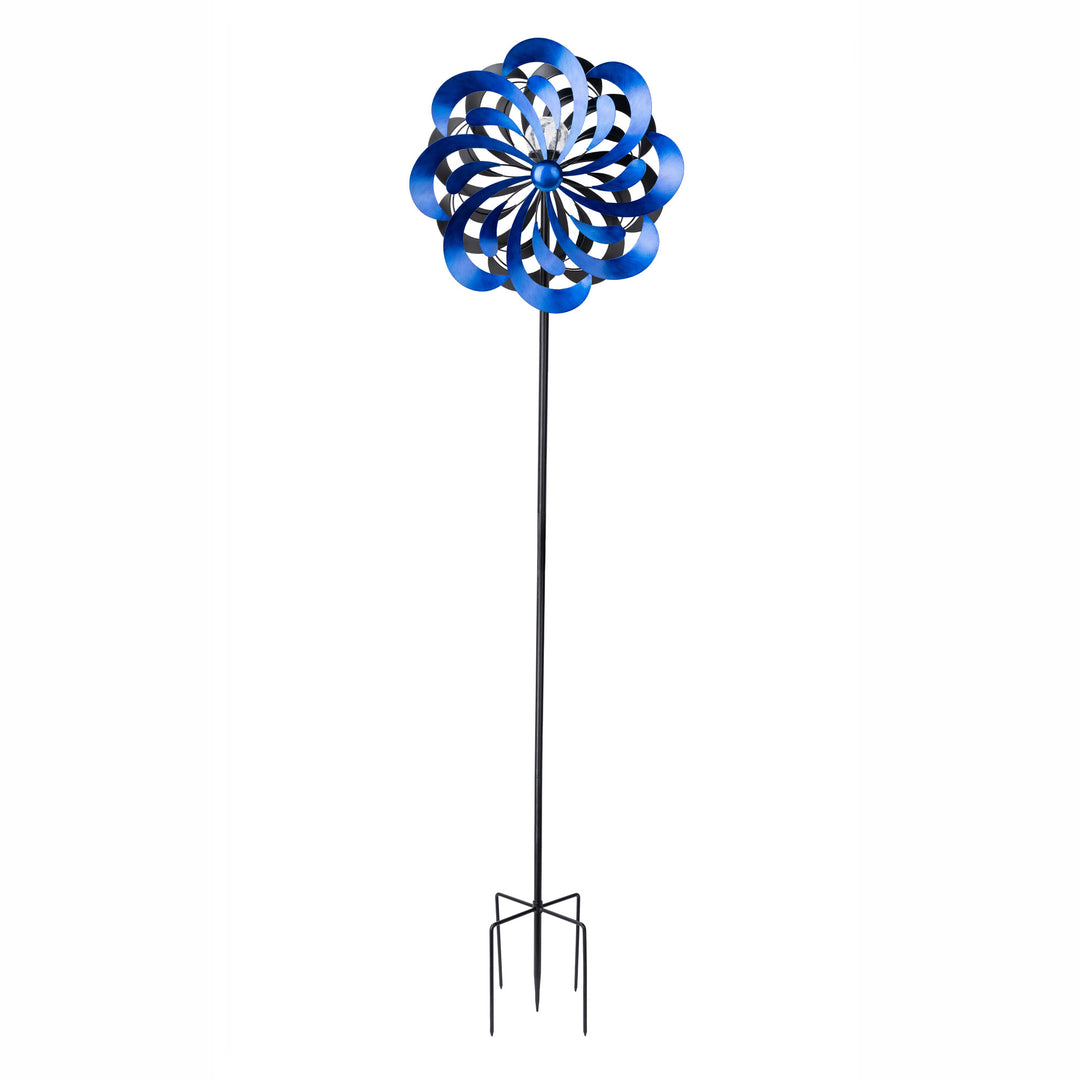 A 18" dia. x 70" H Solar Metallic Kinetic Windmill Spinner, Blue garden stake on a white background.