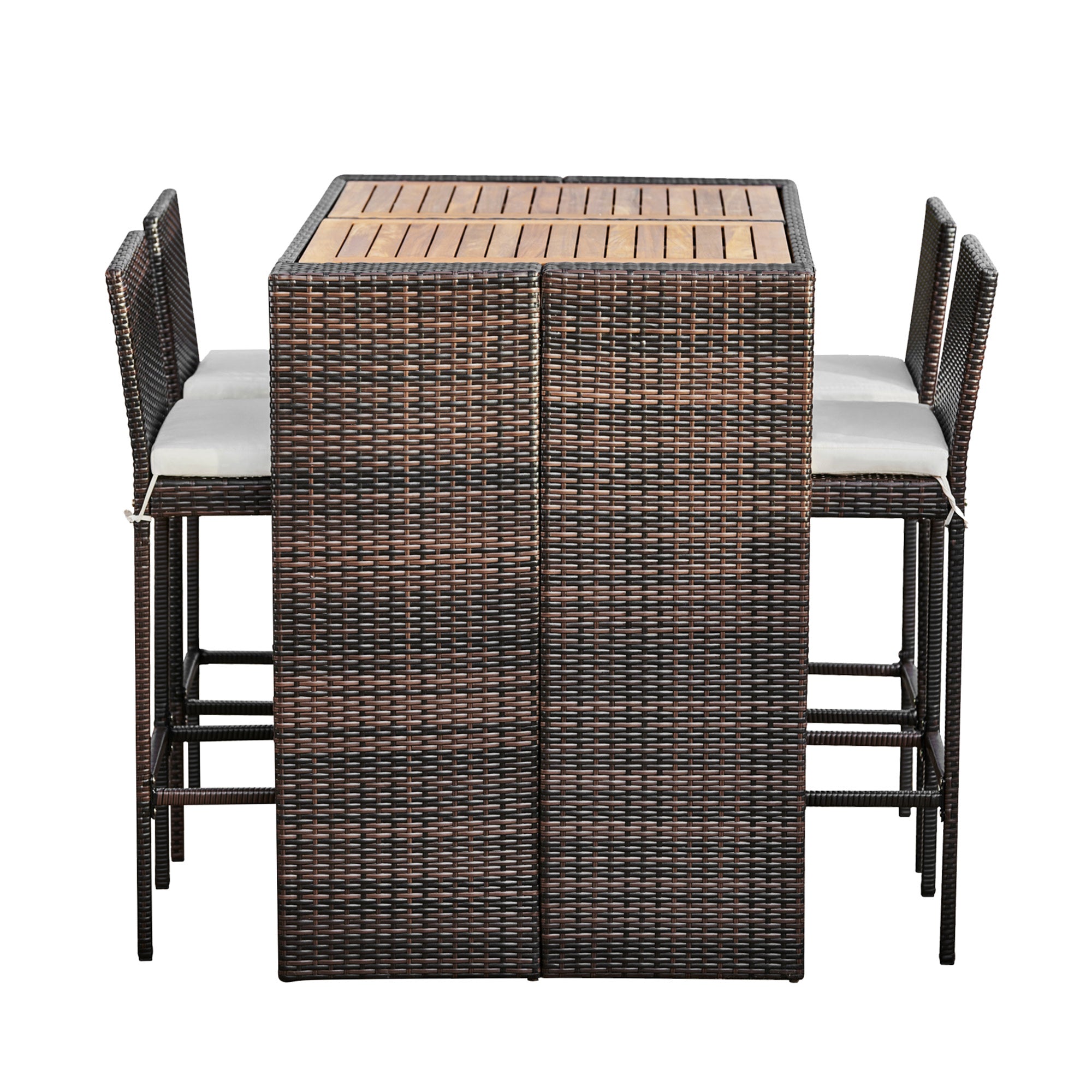 Teamson Home 5 Pc Outdoor Wicker Dining Set with Acacia Tabletop and Cushions, Brown