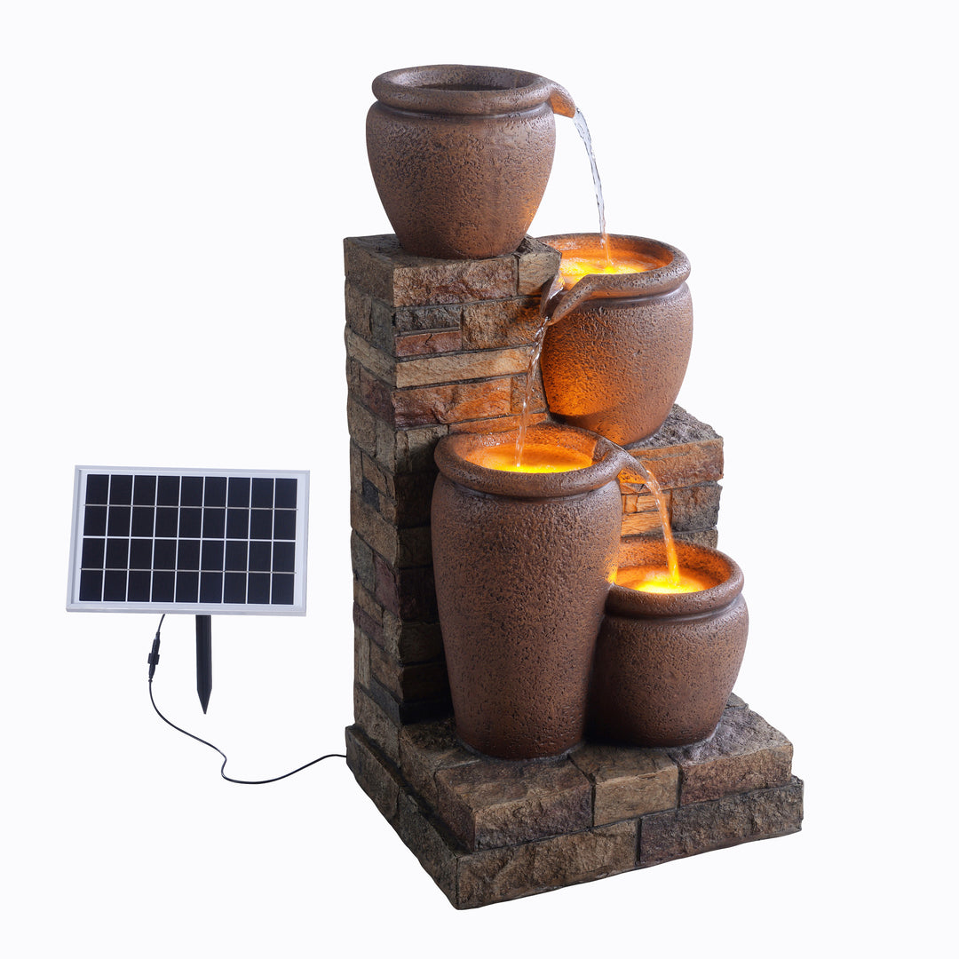 A Teamson Home 30.71" 4-Tier Outdoor Solar Water Fountain with LED Lights, Terracotta featuring a cascade design with pots, isolated on a white background.