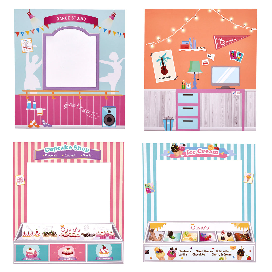 A 4-in-1 18" doll playset with all four facades: cupcake shop, ice cream shoppe, a dance studio, and a homework nook.