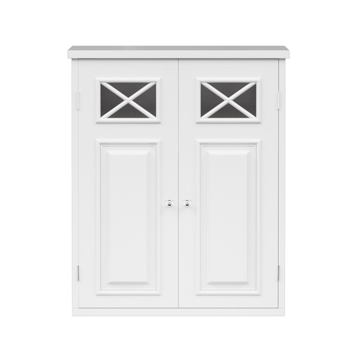 White storage cabinet with two paneled doors and small glass windows at the top.