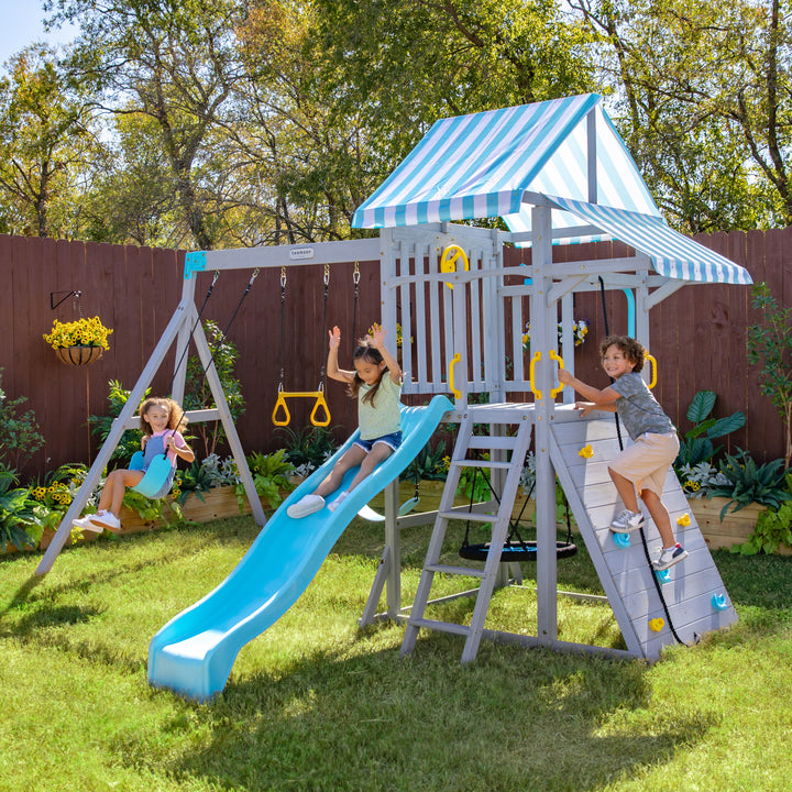 Teamson Kids Laguna Swing Set Playset with Platform & Rock Wall, Gray