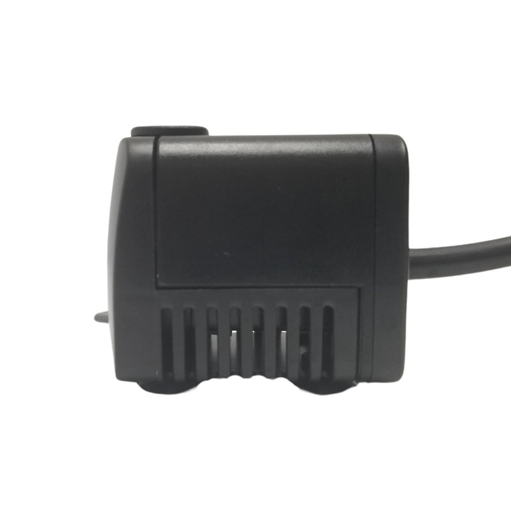 Side view of a submersible pump  with a power cord extending from the back.
