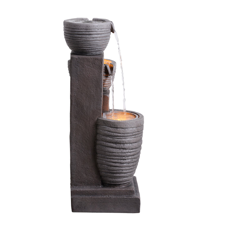 Horizontal Ribbed Pattern Outdoor Water Fountain with Warm Glow Lighting
