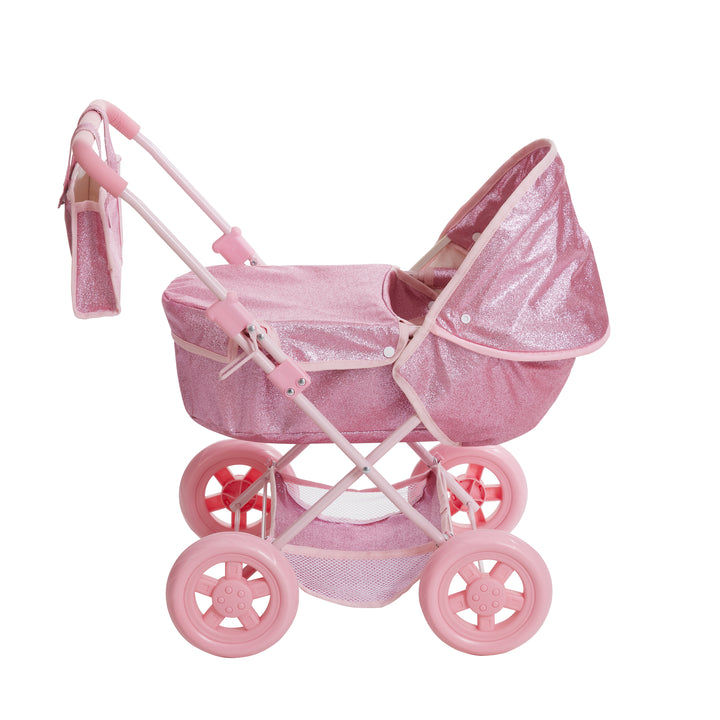 A child's baby stroller in pink glittery material with pink wheels