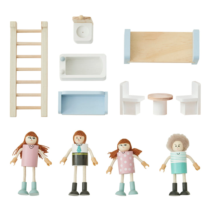 A picture featuring all of the accessories: a ladder, a table and two chairs, a bed, a sofa, a toilet, a bathtub, and four colorful, poseable dolls.