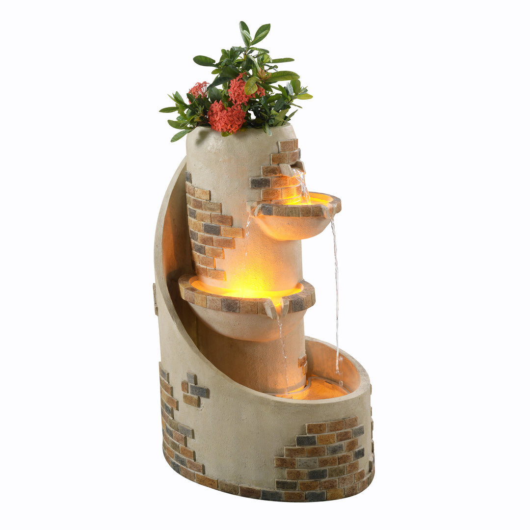 29.92" Outdoor Water Fountain with Planter & LED Lights, Ivory with faux brick accents, against a white background