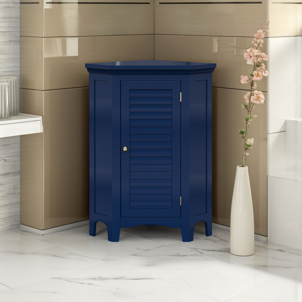 Teamson Home Glancy Corner Floor Cabinet with Faux Louvered Door, Navy