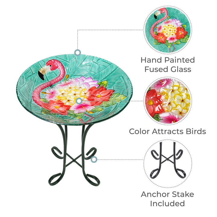 Features include the hand painted fused glass, a colorful design that attracts birds, and an anchor stake to keep the metal stand in place.