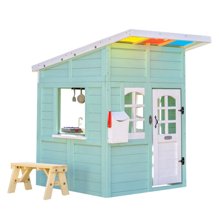 Teamson Kids Rainbow Shade Wooden Playhouse with Kitchen and Bench, Mint