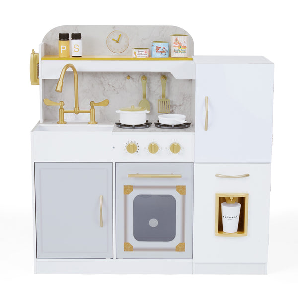 A child's play kitchen with a faux marble backsplash, refrigerator with ice dispenser and gold hardware