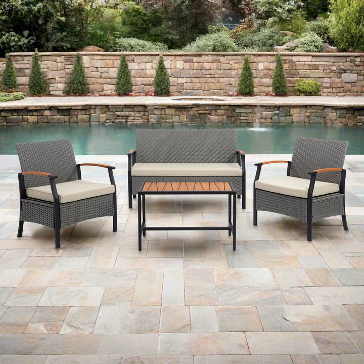 Wooden Armrests Outdoor Patio Furniture Conversation Set with Rattan Wicker Look