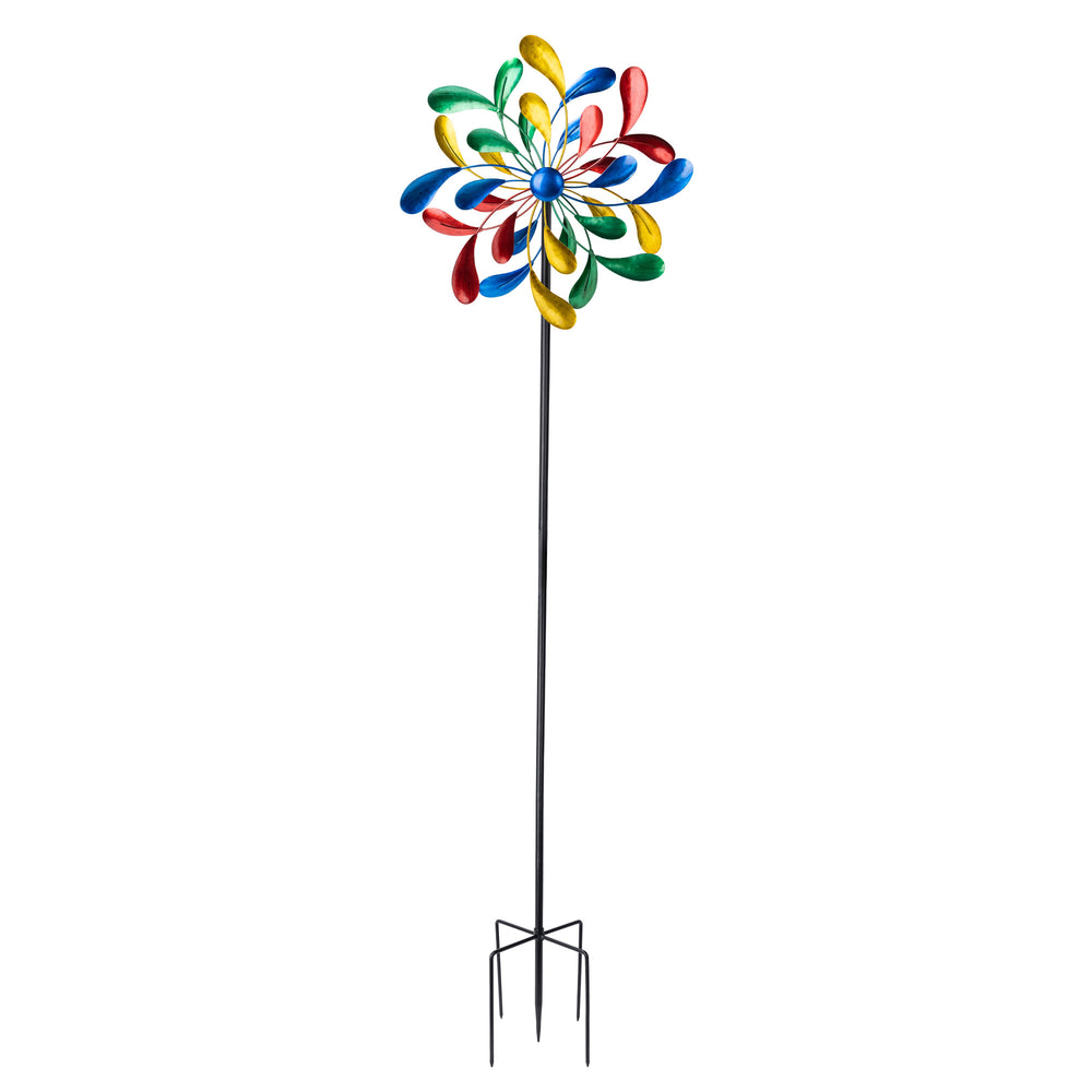 Colorful 18" dia. x 70" H Metallic Kinetic Windmill Spinner shaped like a flower on a stand.