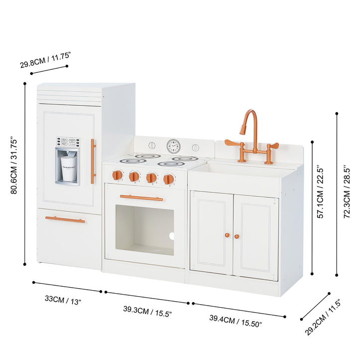 Children's Teamson Kids Little Chef Paris Complete Kitchen Playset with modern design and dimensions labeled.