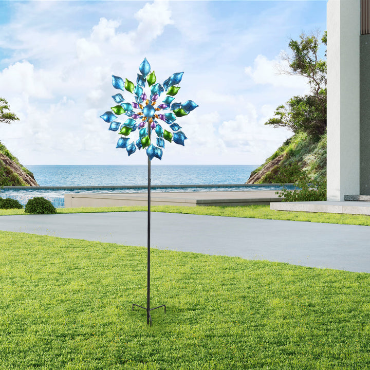 Teamson Home - Outdoor Blue Floral Kinetic Dual Spinner Windmill -FINAL SALE